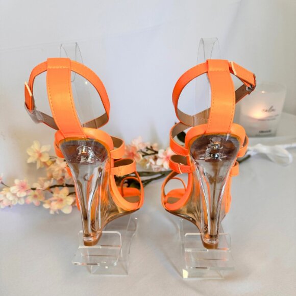 Vibrant Orange Clear Heeled Wedge Sandals, Size 9 - Picture 4 of 10